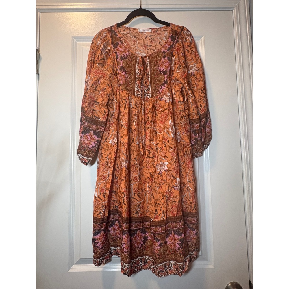 Bluetime Womens Boho Orange Floral Paisley Viscose Long Sleeve Midi Dress Medium